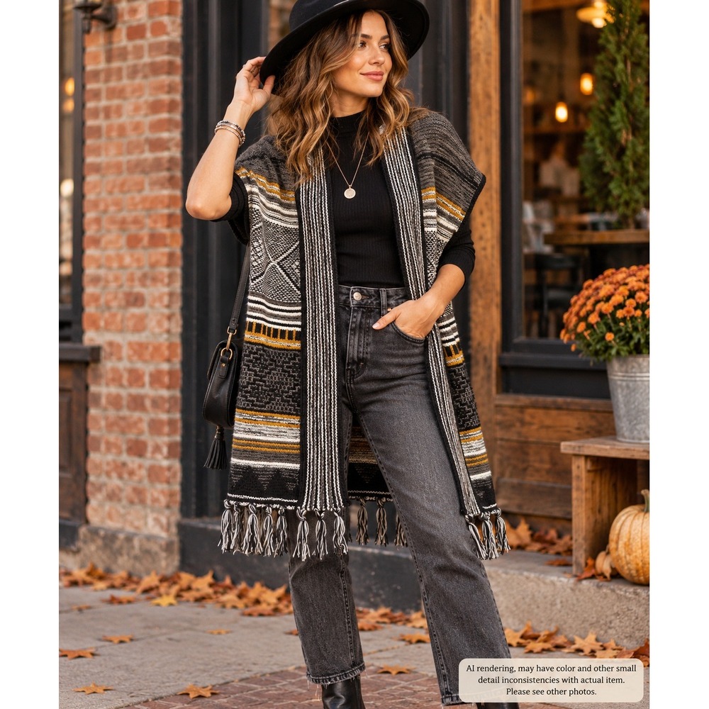 Studio JPR Geometric Knit Fringe Vest M Black Gray Southwestern Eclectic Boho
